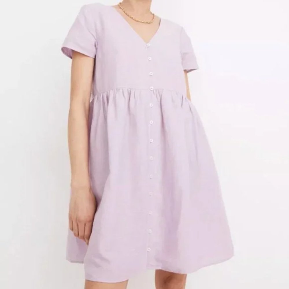 Madewell | Linen Blend Alexandra Button Front V Neck Mini Dress Lilac Lavender S